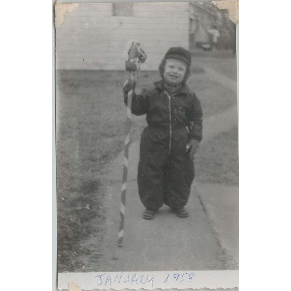Snapshot Photo 1958 Toddler Snowsuit Hobby Horse Toy Winter B&W 3x5